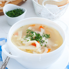 Chicken soup with homemade noodles, square
