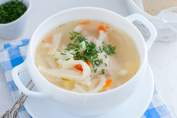 Chicken homemade noodle soup, horizontal