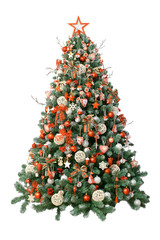  Modern christmas tree isolated on white background, decorated with vintage ornaments; ratan balls, burlap and tartan ribbons, wooden snowflakes,     red berries and balls, red/white jingle bells