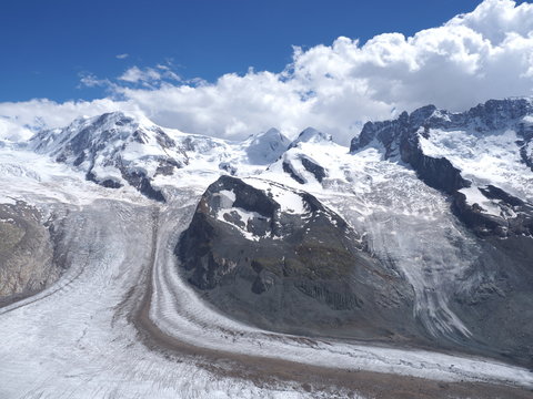 Monte Rosa and landscape of alpine glacier and mountain range in Switzerland