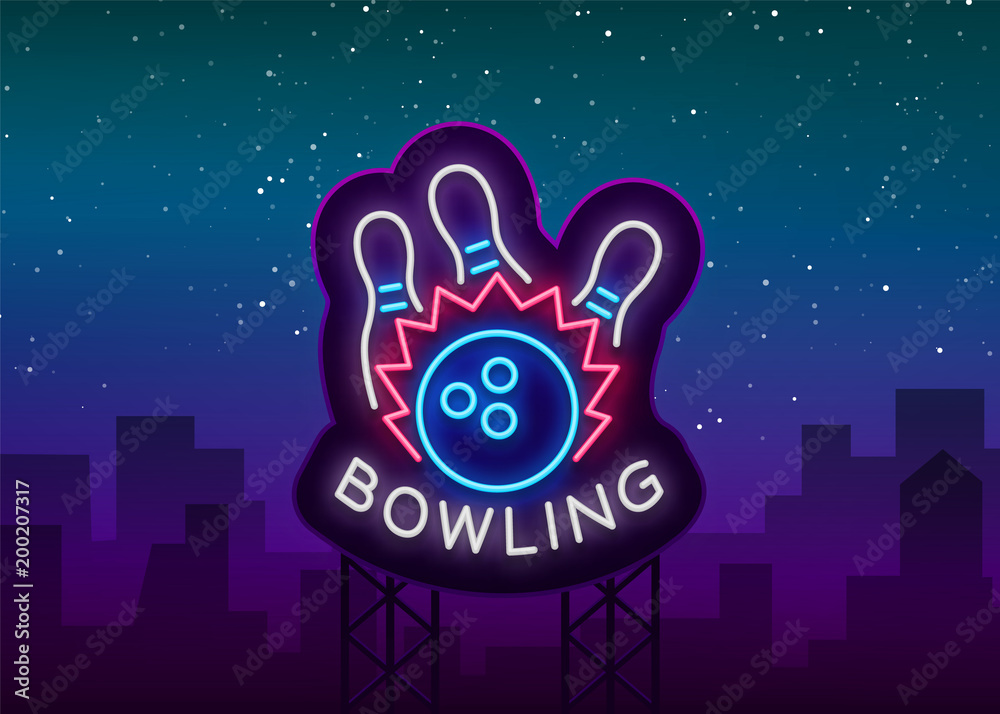 Wall mural Bowling logo vector. Neon sign, symbol, bright banner advertising bright night bowling, luminous neon billboard. Design a template for the Bowling Club logo. Vector illustration