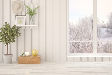 White empty room with decor and winter landscape in window. Scandinavian interior design. 3D illustration