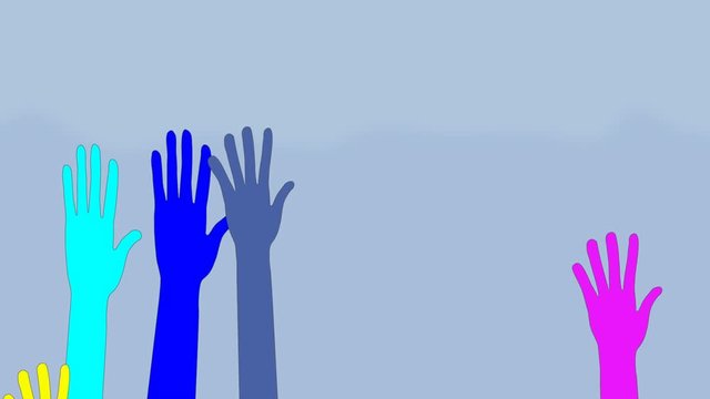 Raising hands - different colorful hands voting or greeting. Concept of unity, diversity, shared purposes, common interests, people together. Animation.