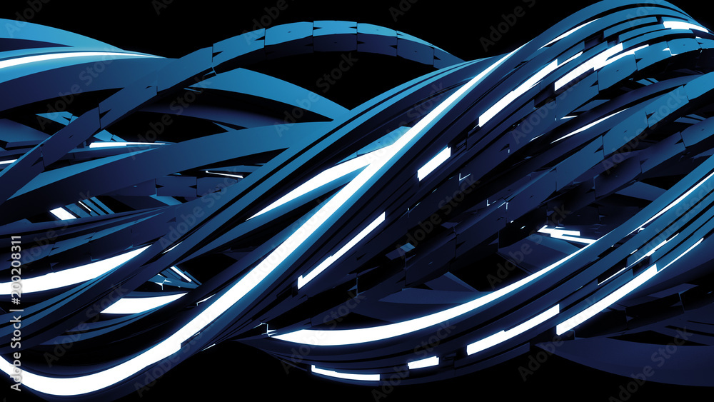 Poster 3d render abstract background. technology concept. random rectangular line are twisted. glow element
