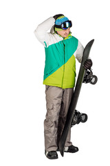 Full length portrait of young man in sportswear with snowboard isolated on a white background. Sport and people concept.