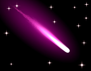 Bright comet of purple color, meteor, starry sky. Isolated on a black background. illustration