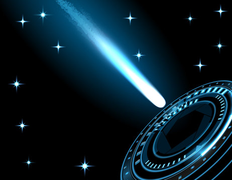A bright comet, a meteor, a spaceship, a rocket enters the portal. Isolated on black starry sky background. illustration