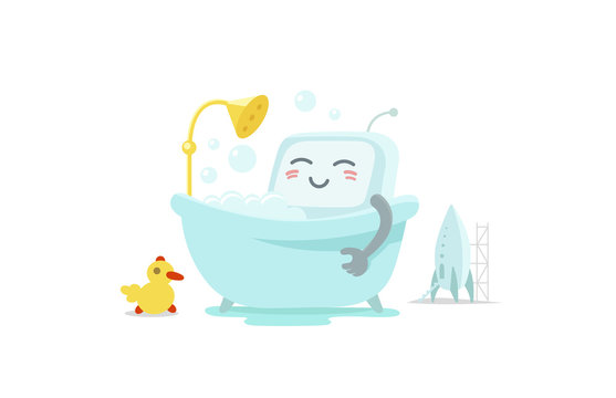 Emoji sticker robot is taking bathin in the bathroom. Very cute picture rest, exfoliation foam shampoo. Break for rest. Flat color vector illustration