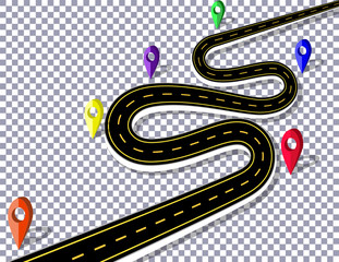 Winding road with signs on checker background. The marks indicated by the navigator. illustration