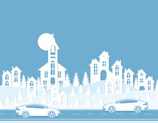 Naklejka premium Graphic illustration of a cityscape. Houses, cars, road. Cut from paper.
