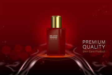 Red cosmetic container with advertising background ready to use, luxury skin care ad, vector 3d illustration.