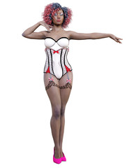 Tall sexy woman white corset and dark stockings garters.Burlesque show.Girl magnificent voluptuous shapes.Conceptual fashion art.Seductive candid pose.Realistic 3D render illustration.Studio