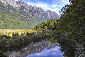 Fototapeta na wymiar Mirror Lakes are a set of lakes lying north of Lake Te Anau