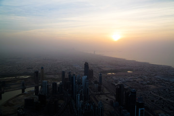Fototapeta na wymiar Panorama sunset view to Dubai skyscrapers, UAE