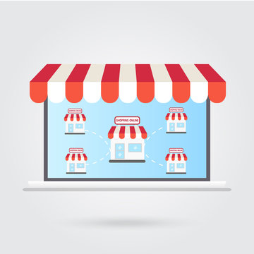 flat style internet multivendor store on laptop computer with multi vendor stores