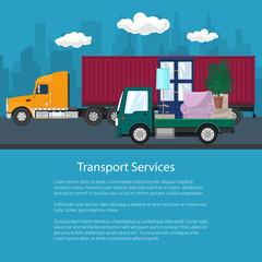 Flyer of Road Transport and Logistics, Cargo Truck and Lorry with Furniture go on the Road, Shipping and Freight of Goods, Poster Brochure Design, Vector Illustration