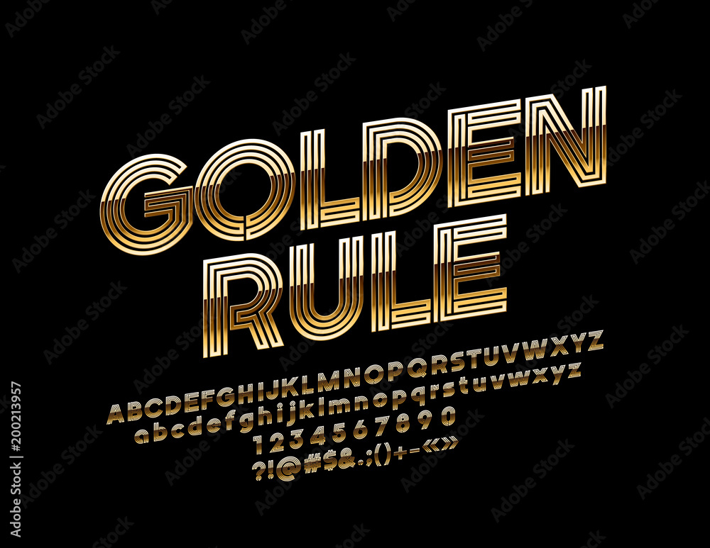 Fototapete vector rotated text golden rule. chic glossy font. abstract geometric alphabet letters, numbers and 
