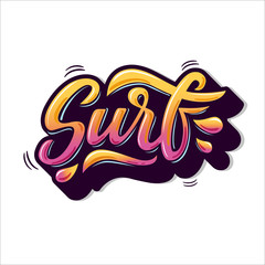 Surf lettering text for logotype isolated on white background. Vector illustration for design t-shirts, banners, labels, clothes, apparel, water extreme sports competition. Stiker in graffitti style.