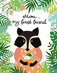 Cute baby raccoon character. Hand drawn vector illustration. Summer tropical jungle set.
