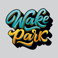 Wake park text  for logotype, badge and icon. Hand drawn logo for cable or boat wakeboarding park in graffitti style. Lettering typography.Vector illustration.