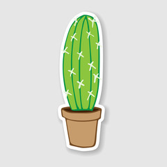 flat vector illustration of home green cactus in brown plastic pot for sticker, pin, patch, badge