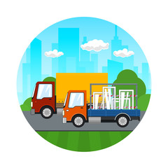 Fototapeta premium Icon of Road Transport and Logistics, Small Covered Truck and Cargo Van with Windows Drive on the Road on the Background of the City, Transport Services, Vector Illustration