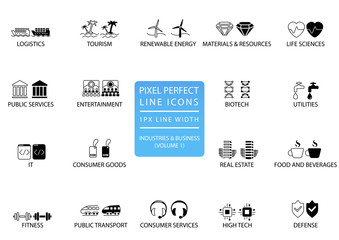 Pixel perfect thin line icons and symbols of various industries / business sectors like public services, consumer goods, defence, life sciences, high-tech, resources, IT, logistics.