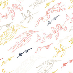 Eucalyptus leaves and berries vector seamless pattern.
