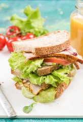 Tower healthy sandwich with ham and salad