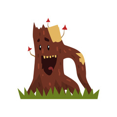 Happy laughing tree stump character with mushrooms and funny face vector Illustration on a white background