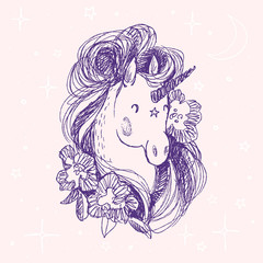 Unicorn flower card. Hand drawn vector illustration. Fairy horse cute head surrounded by peonies and stars, moon, magic. Smile unicorn hand drawn in pen style