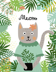 Cute baby cat character. Hand drawn vector illustration. Summer tropical jungle set.