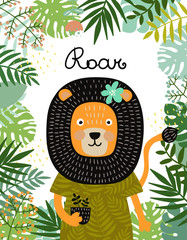 Cute baby lion character. Hand drawn vector illustration. Summer tropical jungle set.
