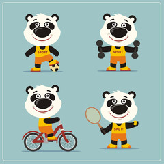 Set of funny panda is engaged in sports. Collection of cartoon panda of the sportsman: football player, with dumbbells, bicyclist, tennis player.