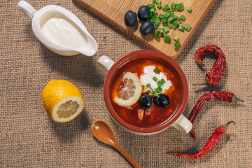 Soup saltwort with meat, potatoes, tomatoes, lemon, black olives and sour cream in ceramic soup bowl and ingredients