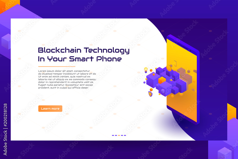 Poster concept of isometric blockchain banner. modern concept of digital technology in the shape of block c