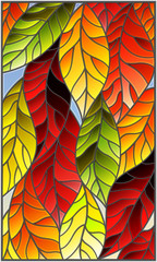 Illustration in stained glass style with colorful leaves on blue background 