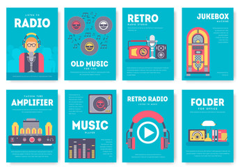 Obraz premium Radio life day brochure cards set. Old school tv equpment template of flyear, magazine, poster, book cover, booklet, banners. workspace in office invitation concept background. Layout modern page