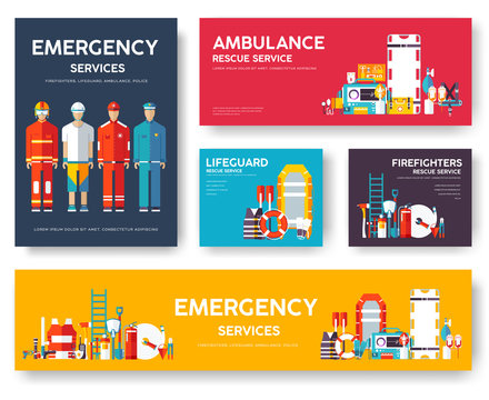 Firefighter, rafting, police, medicine rescue cards template set. Flat design icon of flyear, magazines, posters, book cover, banner. Emergency services layout concept pages with typography background