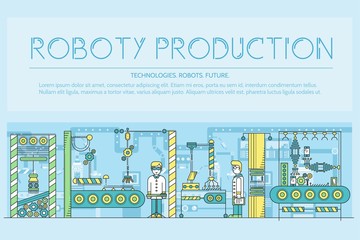 People working on robots assembly line vector outline concept. Robotic production thin line illustration. Banner with typography slogan text design © chocostar