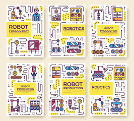 People working on robots assembly thin line set. Robotic production  linear template of flyear, magazines, posters, book cover, banners. Layout repairs outline modern pages © chocostar