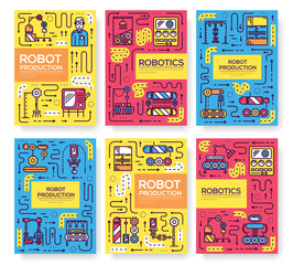 People working on robots assembly thin line set. Robotic production  linear template of flyear, magazines, posters, book cover, banners. Layout repairs outline modern pages © chocostar
