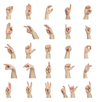  collection of hands performing the sign alphabet for the deaf. concept of disability and alternative language. communication.