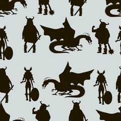 Fototapeta premium Viking characters . Valkyrie, berserker, warrior, old man, god Odin, god Thor, drakkar, dragon, girl, boy.Vector seamless pattern. Black silhouette.