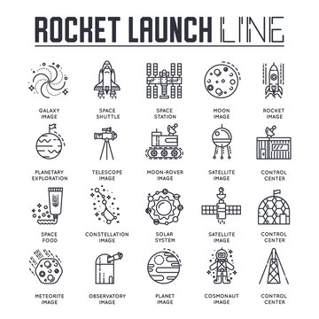 Rocket outline icons collection set. Industry linear symbol pack. Modern template of thin line icons, logo, symbols, pictogram and flat illustrations concept