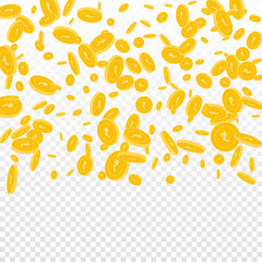 Indian rupee coins falling. Scattered disorderly INR coins on transparent background. Good-looking top gradient square vector illustration. Jackpot or success concept.