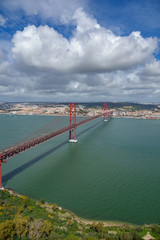 Fototapeta premium Top view of 25 de Abril Bridge in Lisbon