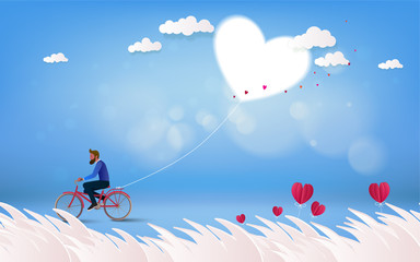 A man riding bicycle  and holding white heart balloons. Love concept. Happy Valentine's Day wallpaper, poster, card. Vector illustration