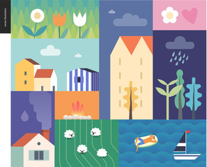 Fototapeta premium Idillic summer landscape - countryside, town, travel and vacation camp concept - collage of trees, flowers, field with sheep and lake or see waves with a sail boat and resting man on an inflatable
