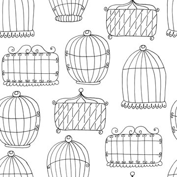 Seamless pattern with Hand drawn Birdcage. Vector Print